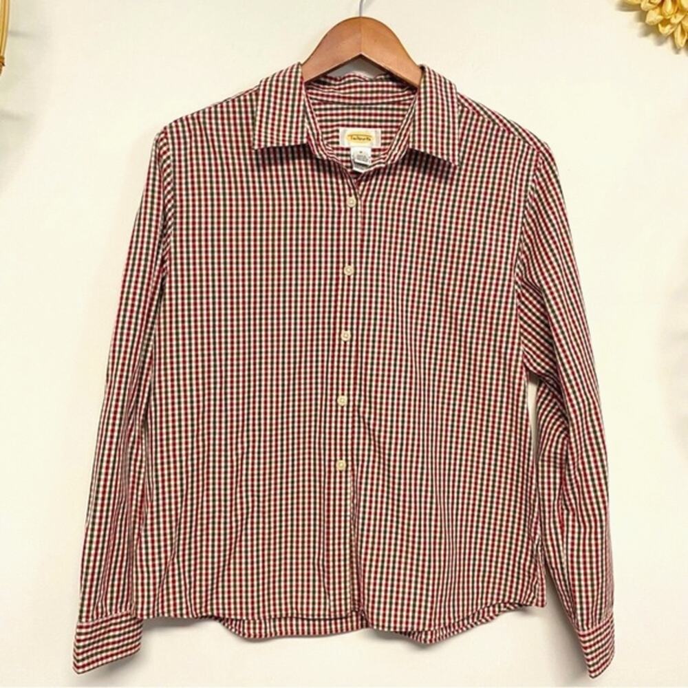 Talbots Red Navy Gingham Button Down Top Medium Plaid Picnic